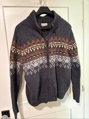 Stetson Dark Gray Zip-Up Fair Isle Sweater with Brown & Light Gray Pattern